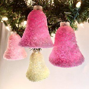 Vintage Set of Four Sugared Plastic Bell Shaped Christmas Ornaments